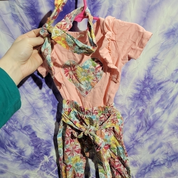 Unbranded 3 Peice Set Girls Dusty Coral Top With Foral Tie Bottoms Size 3-6 M - Picture 2 of 16